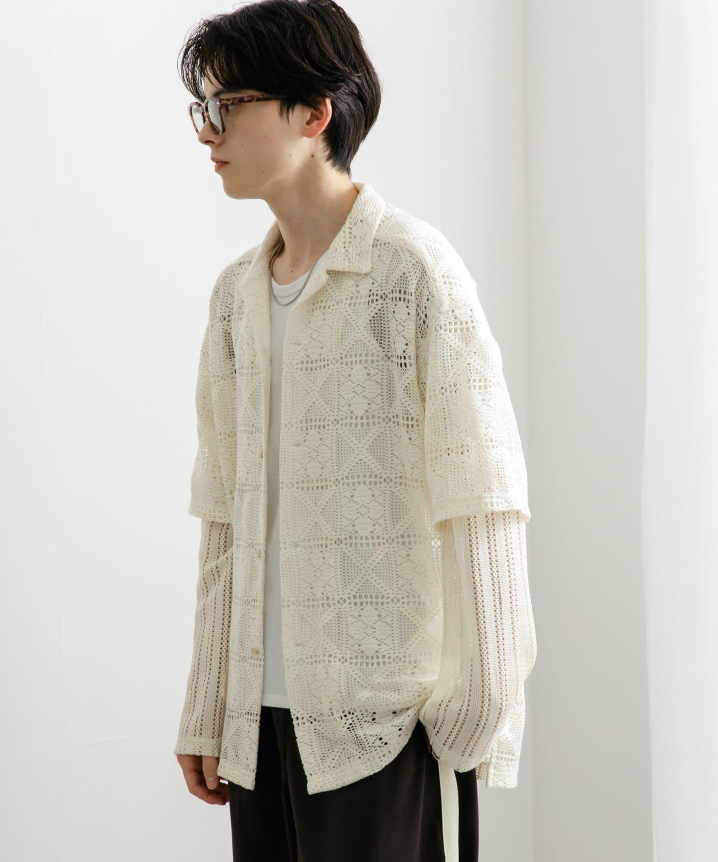 蕾絲假兩件長袖襯衫