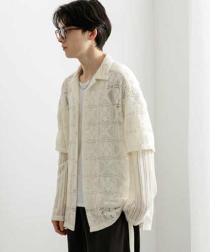 蕾絲假兩件長袖襯衫