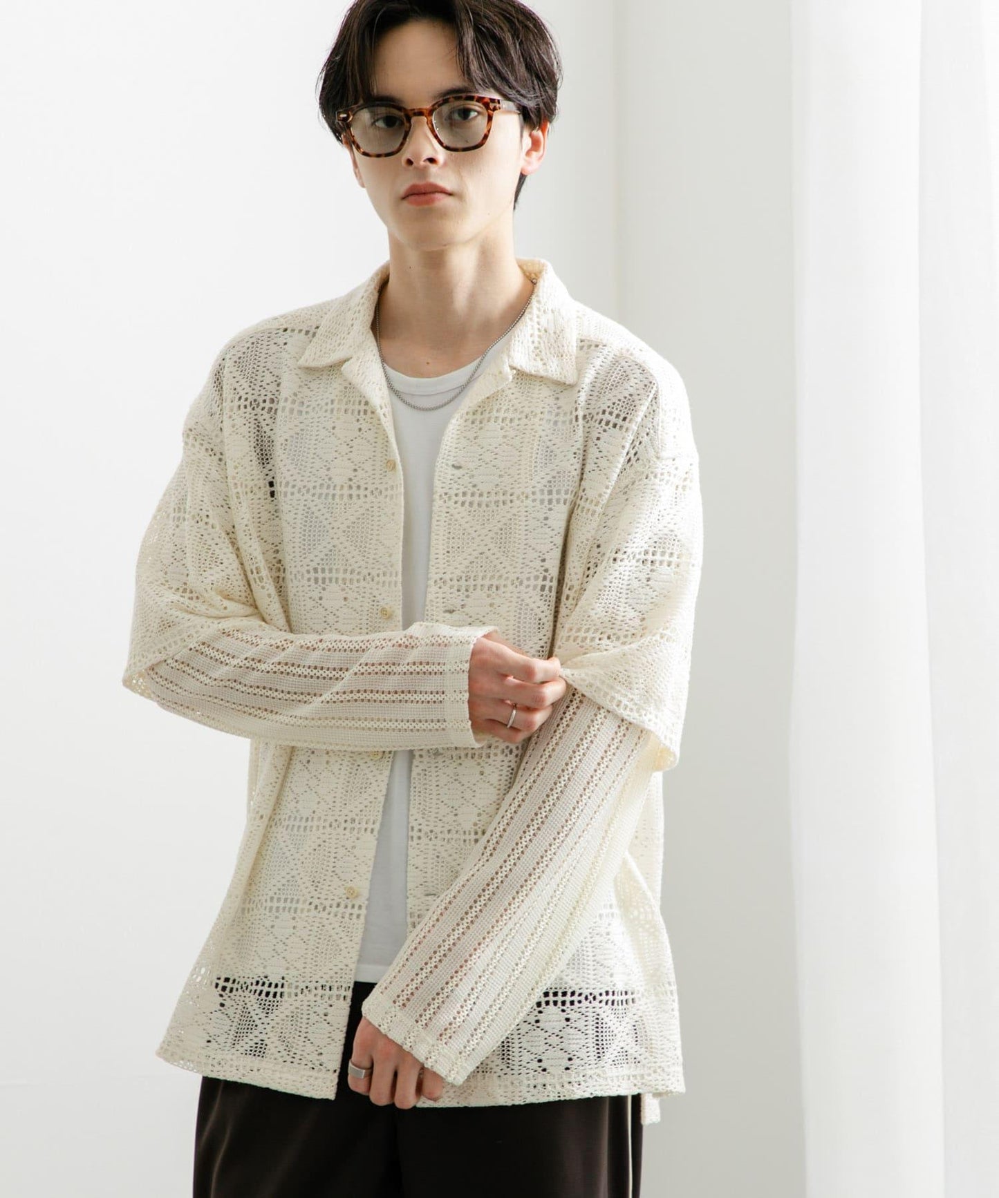 蕾絲假兩件長袖襯衫