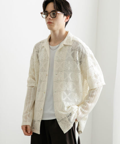 蕾絲假兩件長袖襯衫