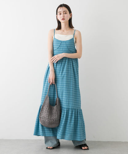 格紋提花吊帶連衣裙
