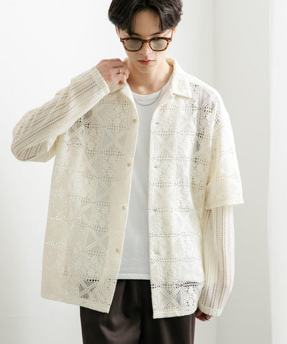 蕾絲假兩件長袖襯衫