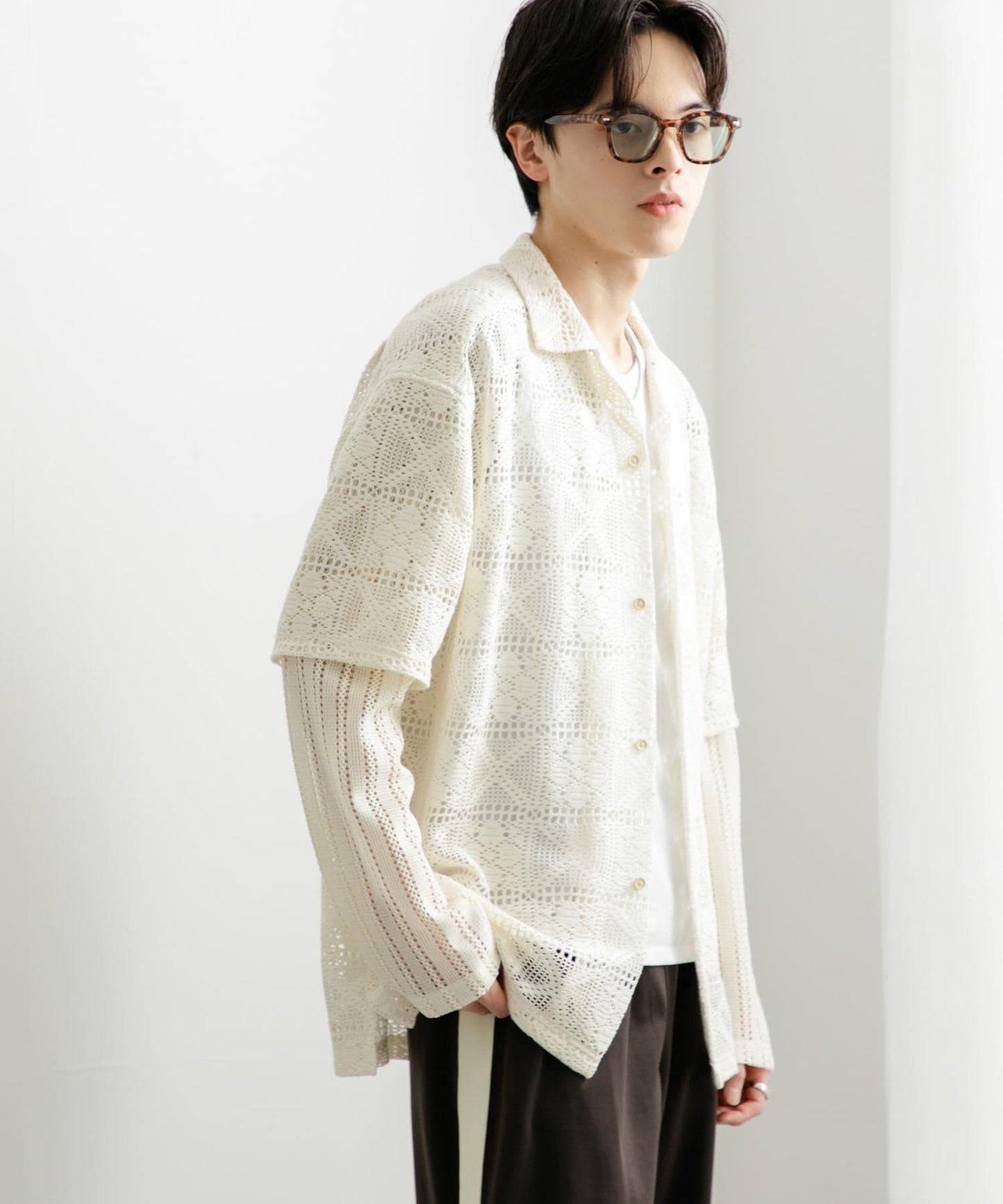 蕾絲假兩件長袖襯衫