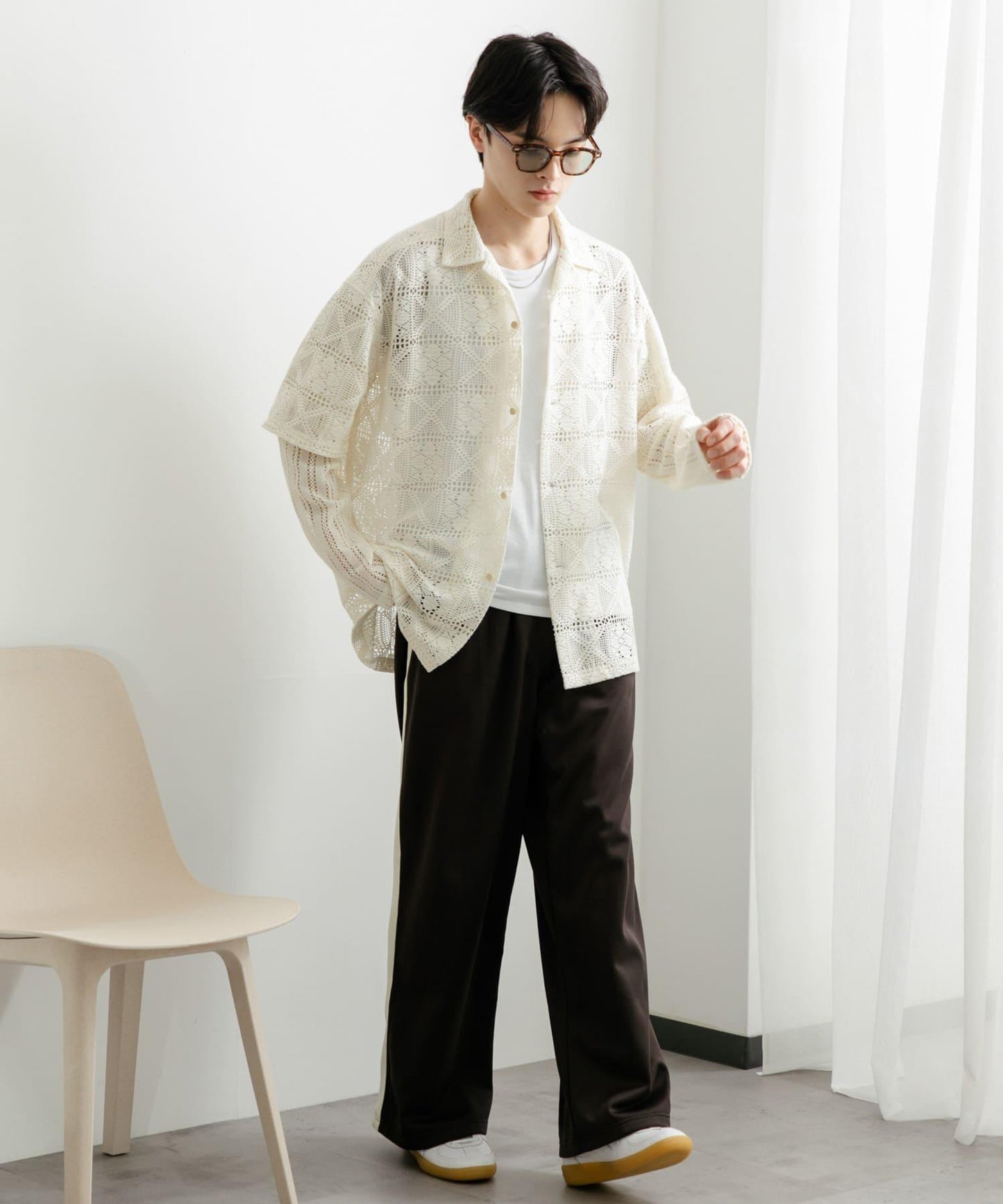 蕾絲假兩件長袖襯衫