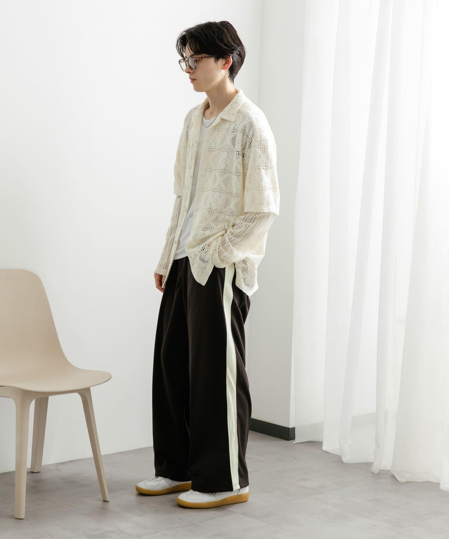 蕾絲假兩件長袖襯衫