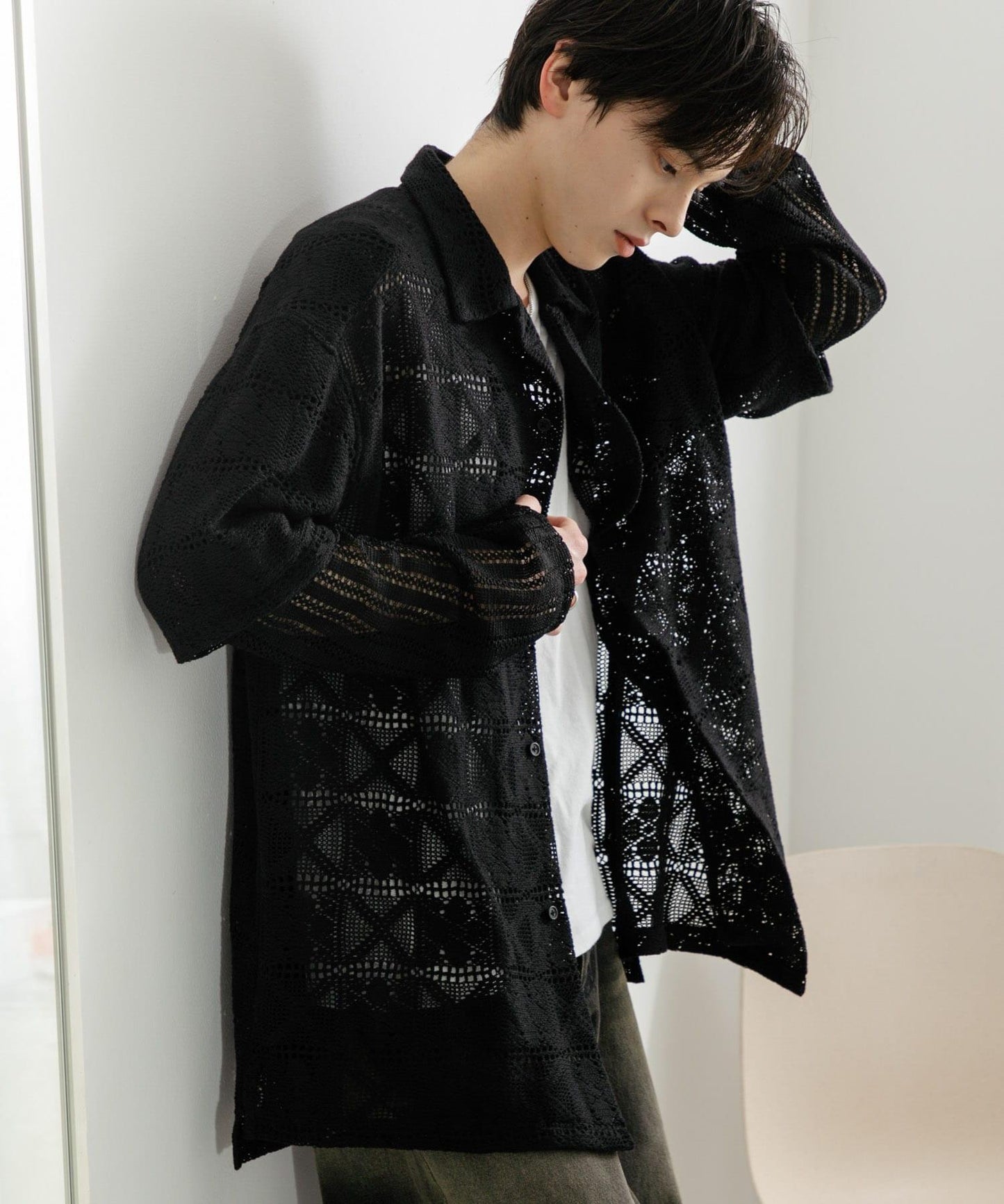 蕾絲假兩件長袖襯衫