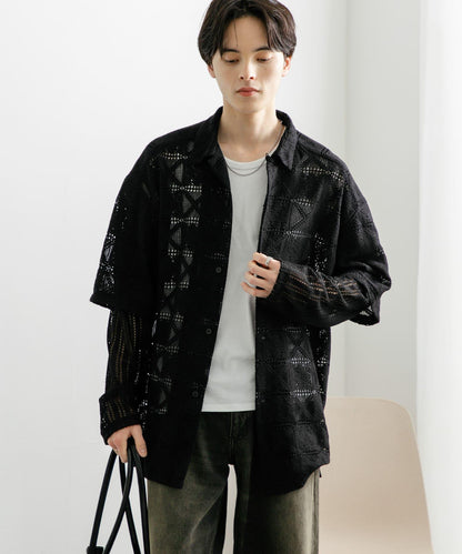 蕾絲假兩件長袖襯衫