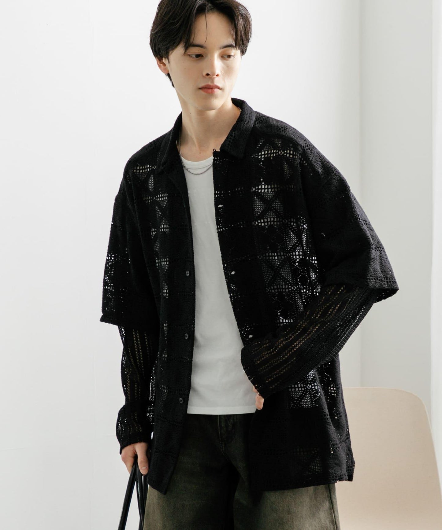 蕾絲假兩件長袖襯衫