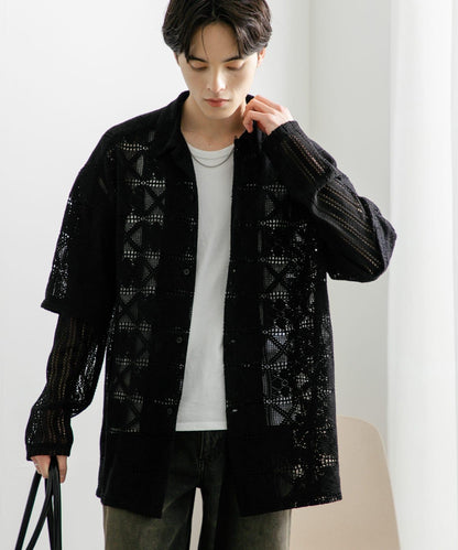 蕾絲假兩件長袖襯衫