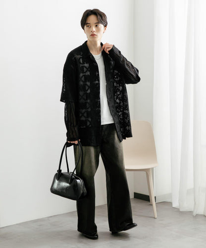 蕾絲假兩件長袖襯衫