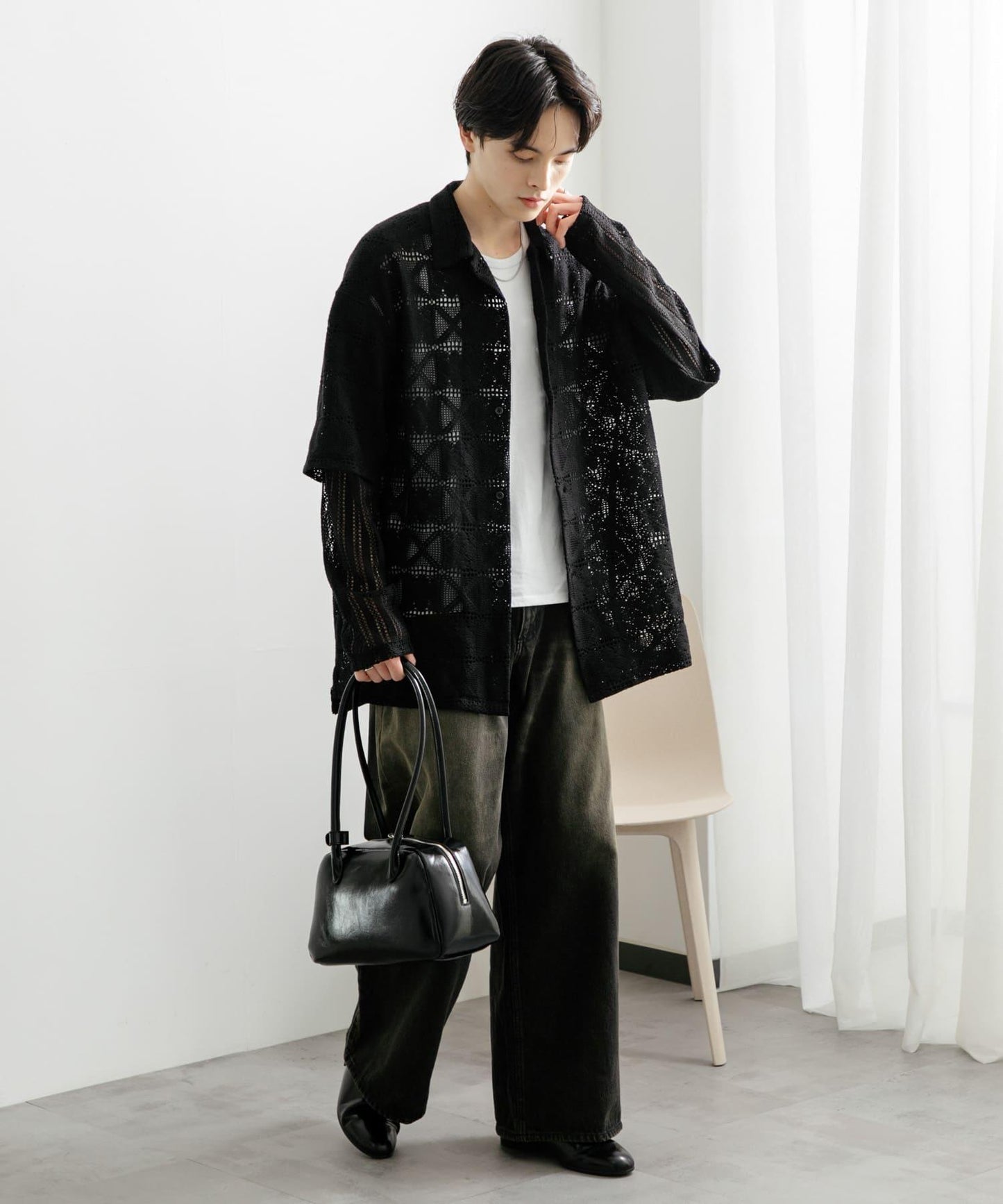 蕾絲假兩件長袖襯衫