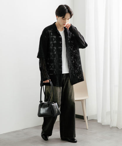 蕾絲假兩件長袖襯衫