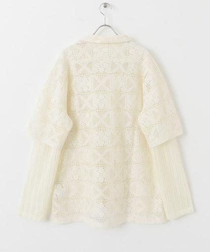 蕾絲假兩件長袖襯衫