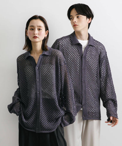 中性款網眼拼接翻領開衫