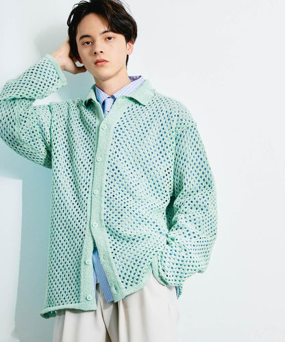 中性款網眼拼接翻領開衫