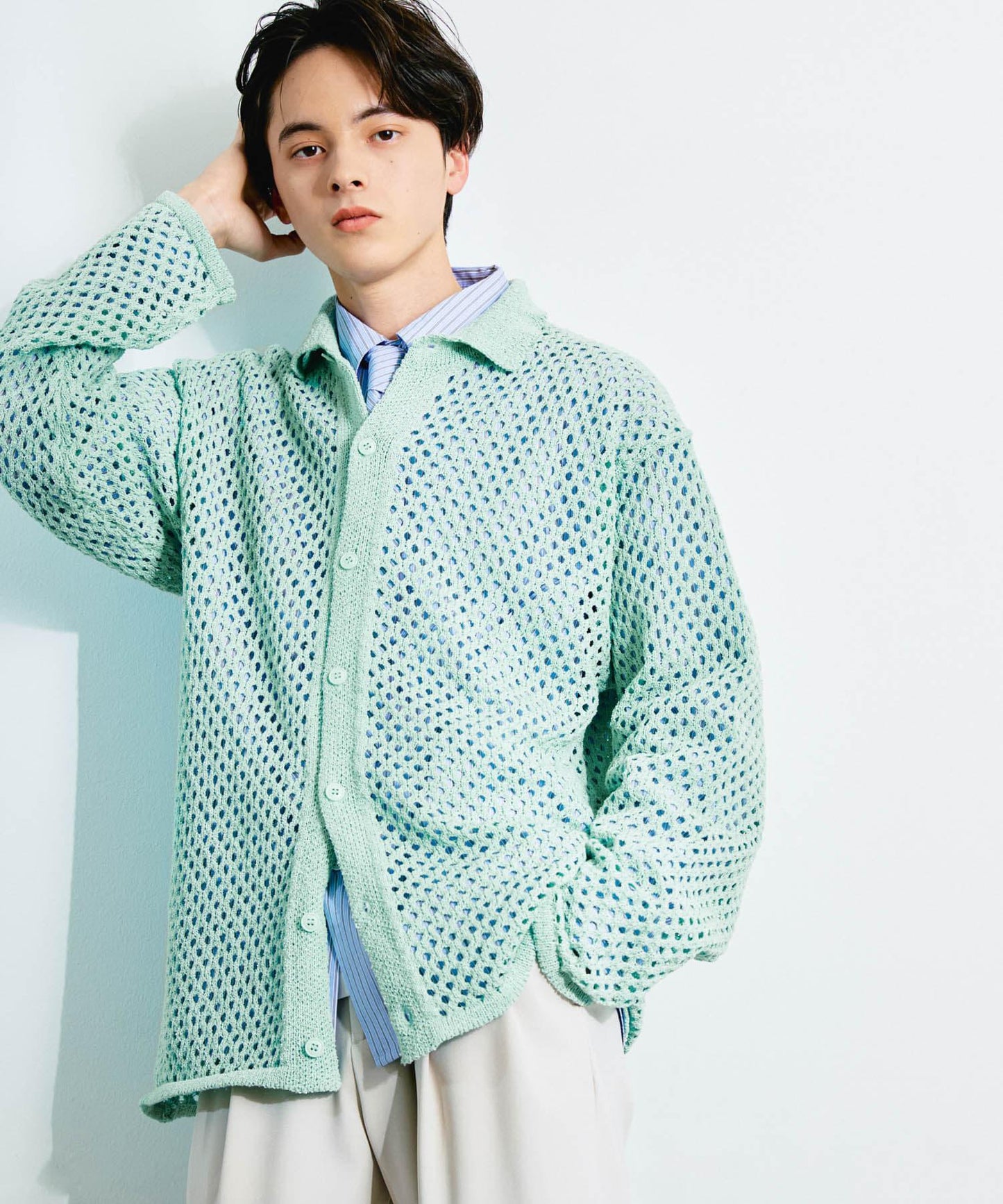 中性款網眼拼接翻領開衫