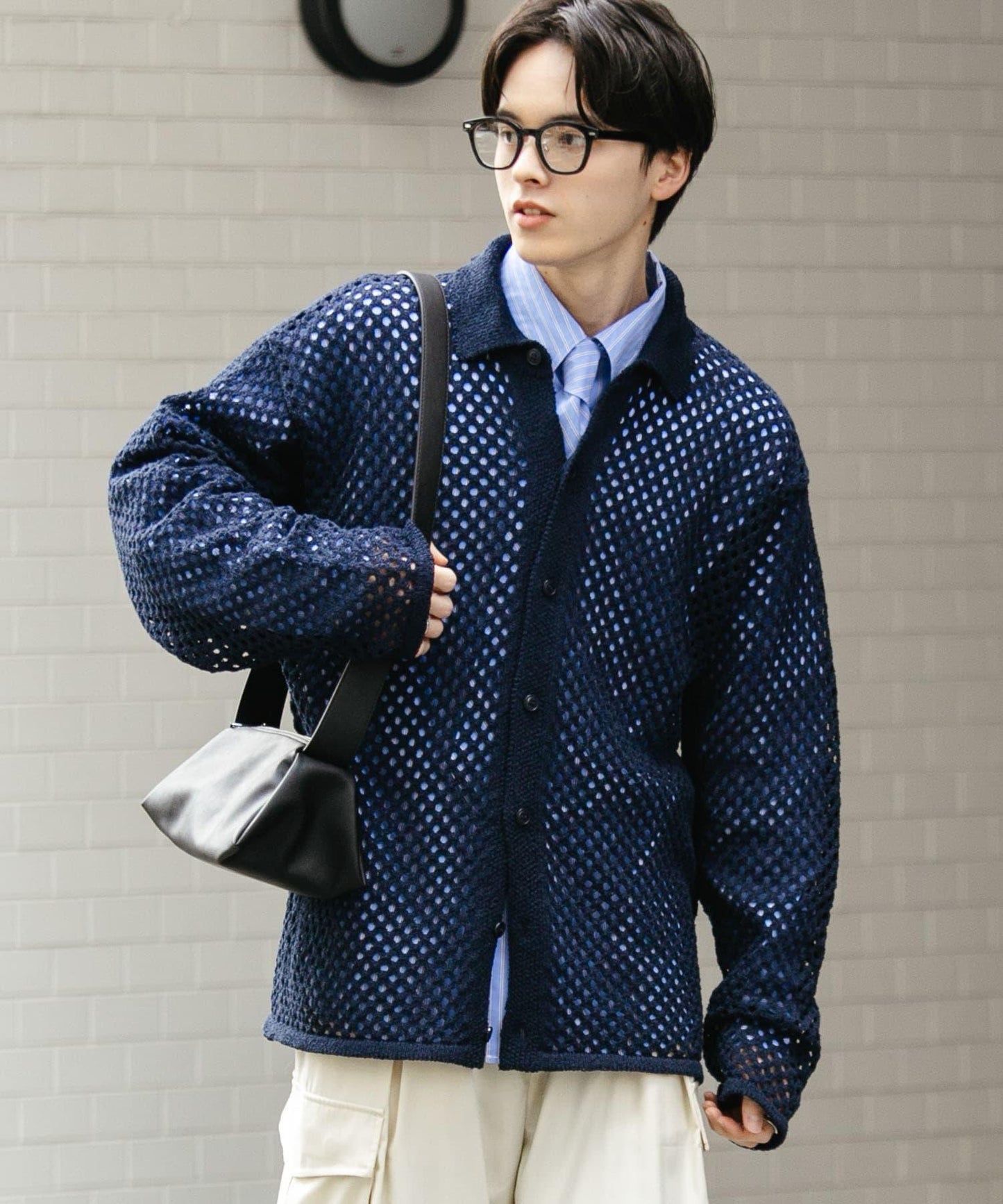 中性款網眼拼接翻領開衫