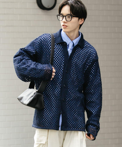 中性款網眼拼接翻領開衫