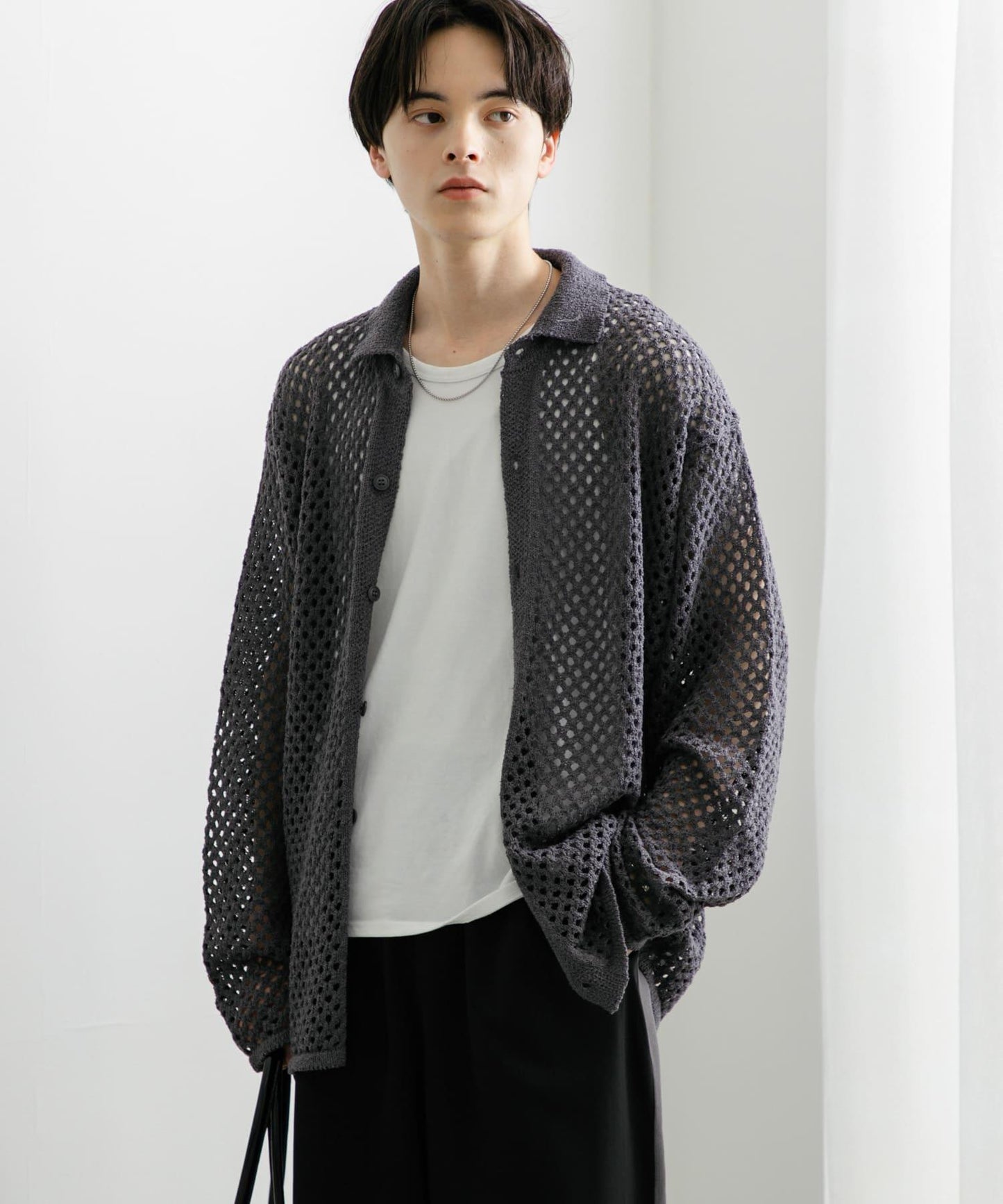 中性款網眼拼接翻領開衫