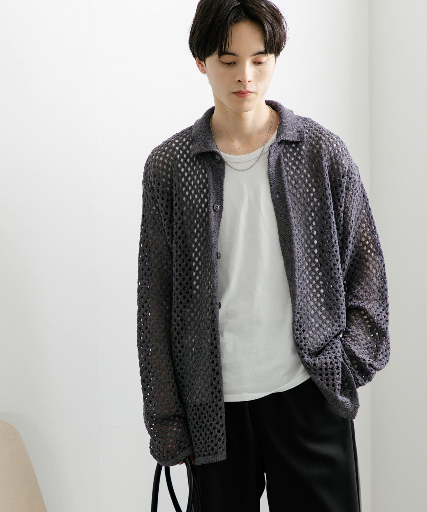 中性款網眼拼接翻領開衫