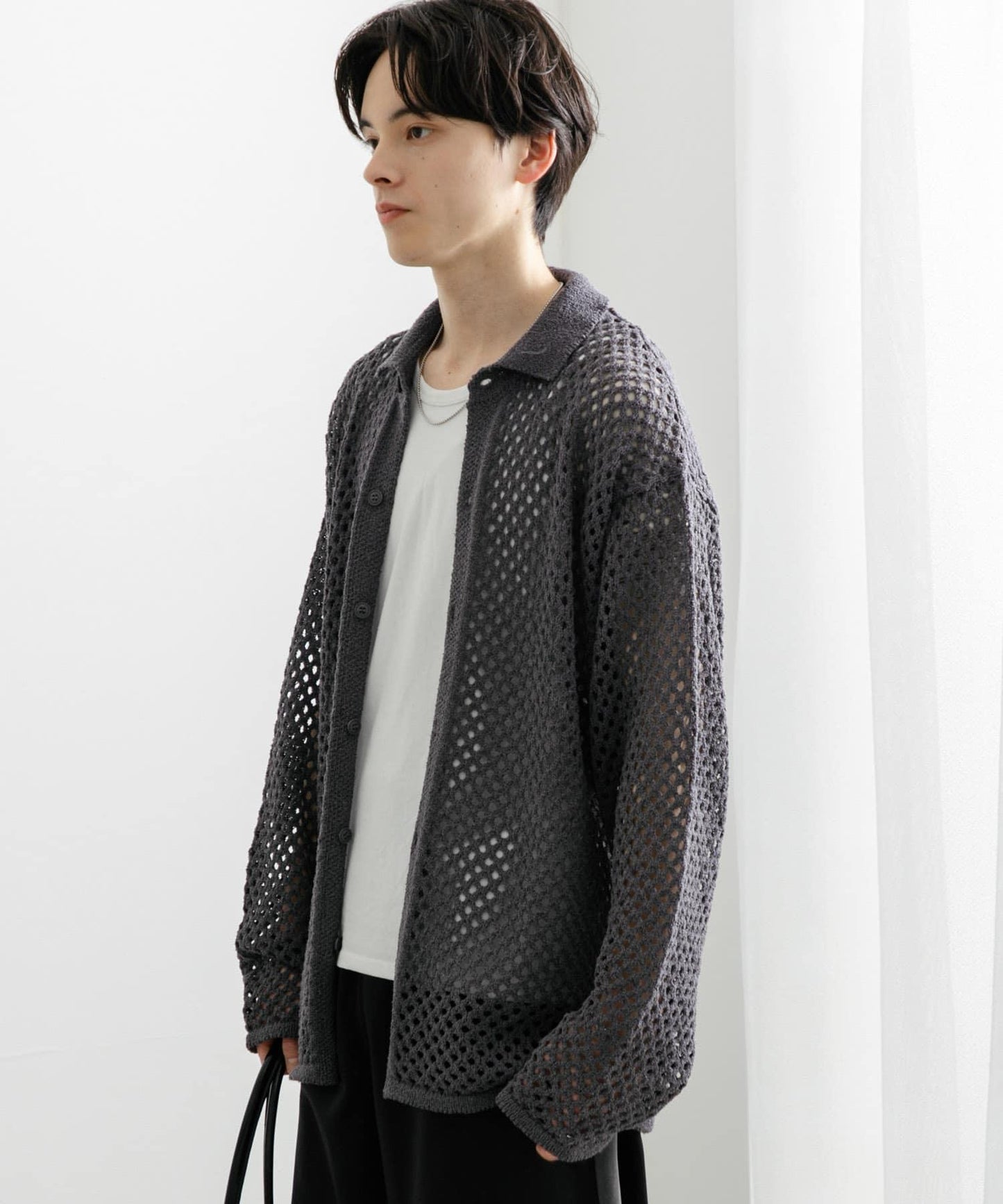 中性款網眼拼接翻領開衫