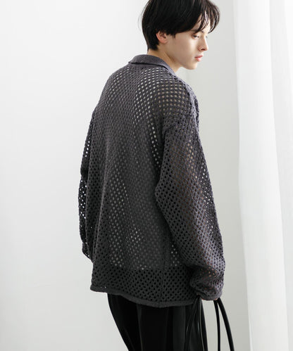 中性款網眼拼接翻領開衫