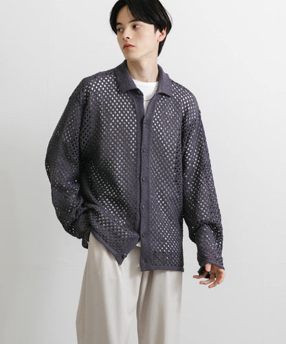 中性款網眼拼接翻領開衫