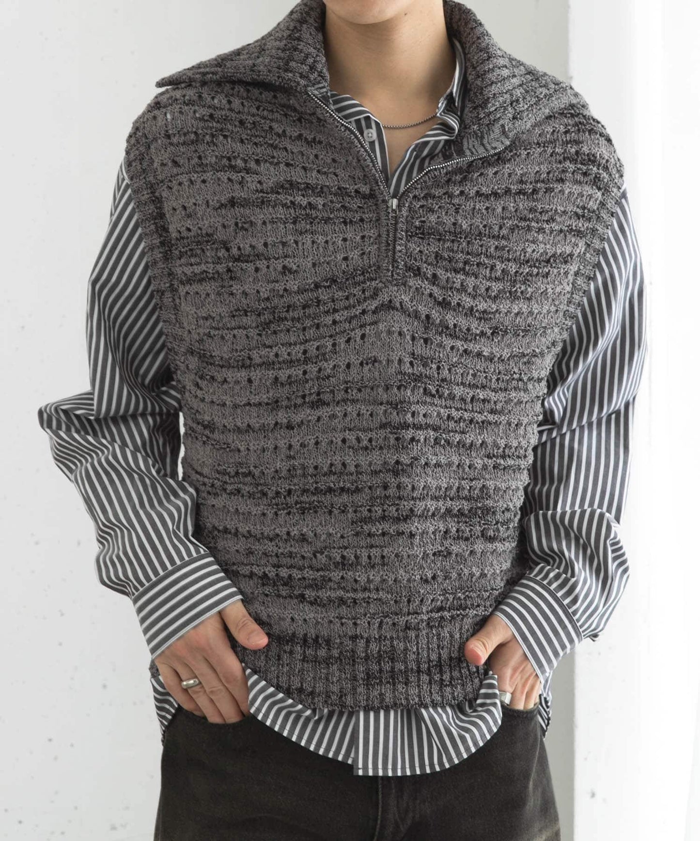 混色半拉鍊針織背心