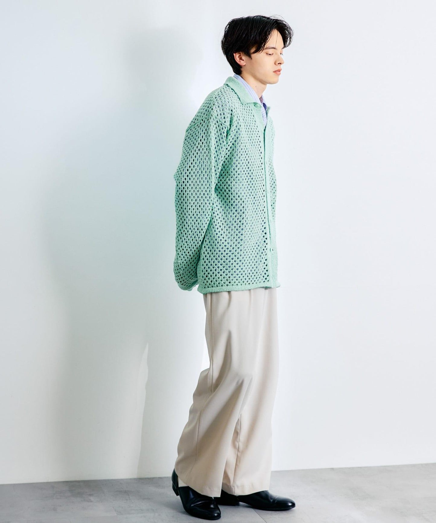 中性款網眼拼接翻領開衫