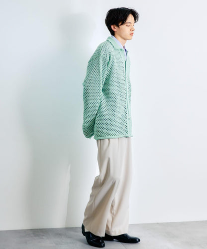 中性款網眼拼接翻領開衫