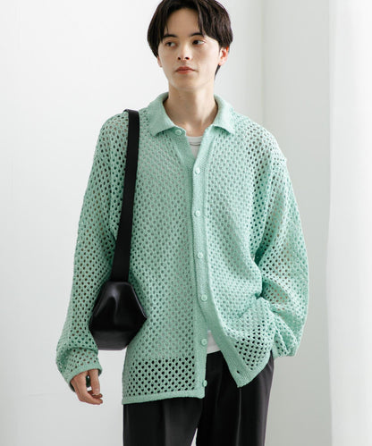 中性款網眼拼接翻領開衫