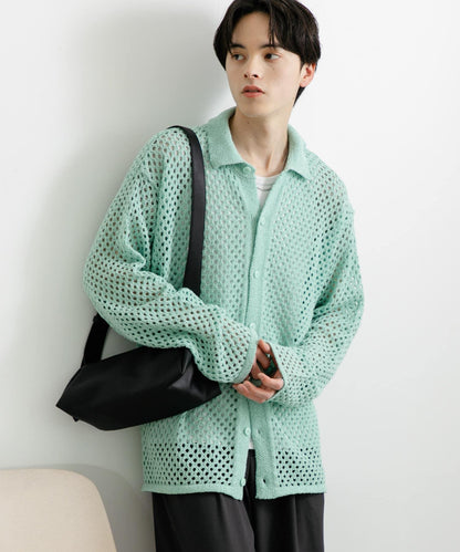 中性款網眼拼接翻領開衫