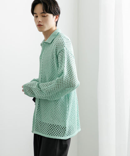 中性款網眼拼接翻領開衫