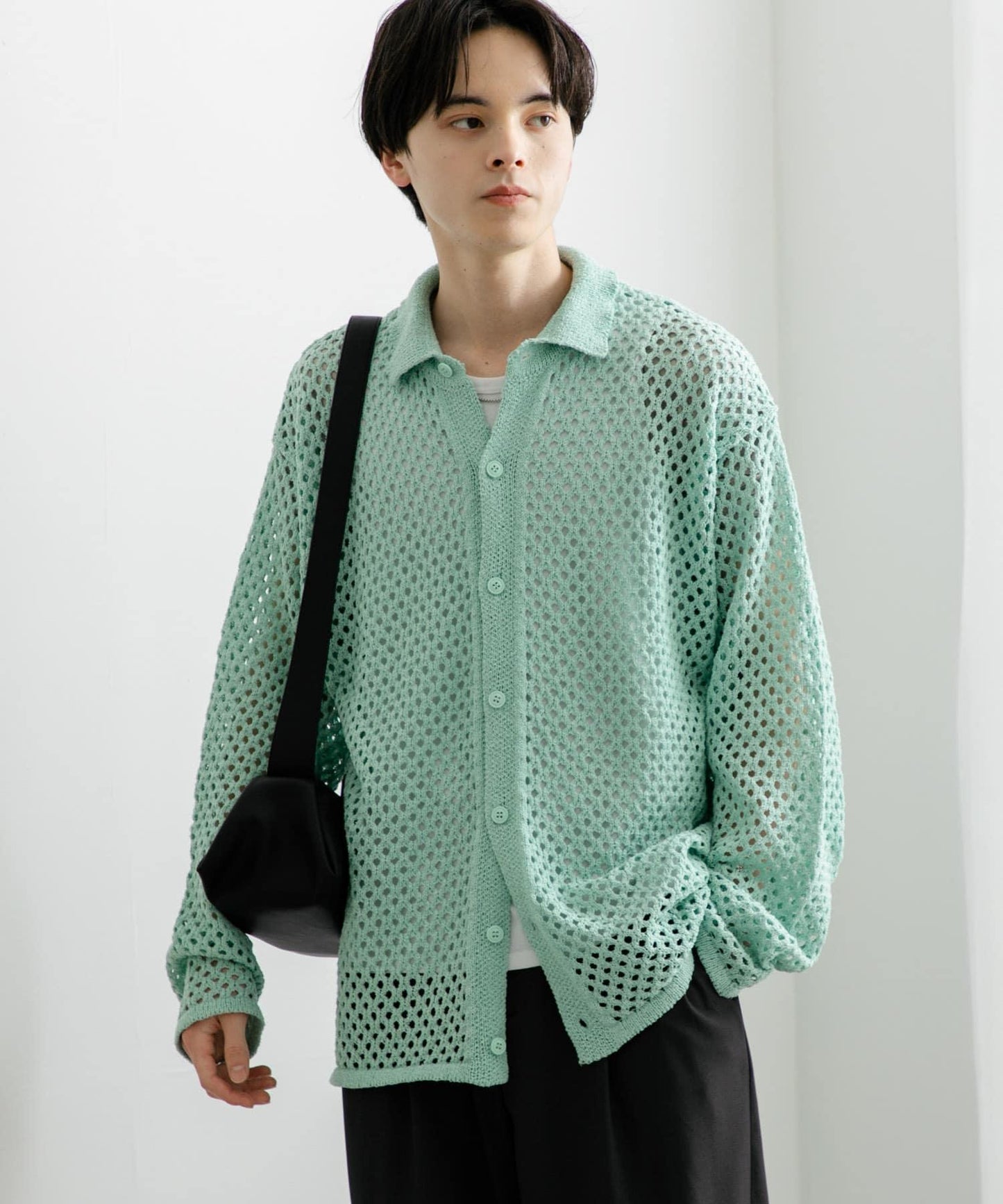 中性款網眼拼接翻領開衫