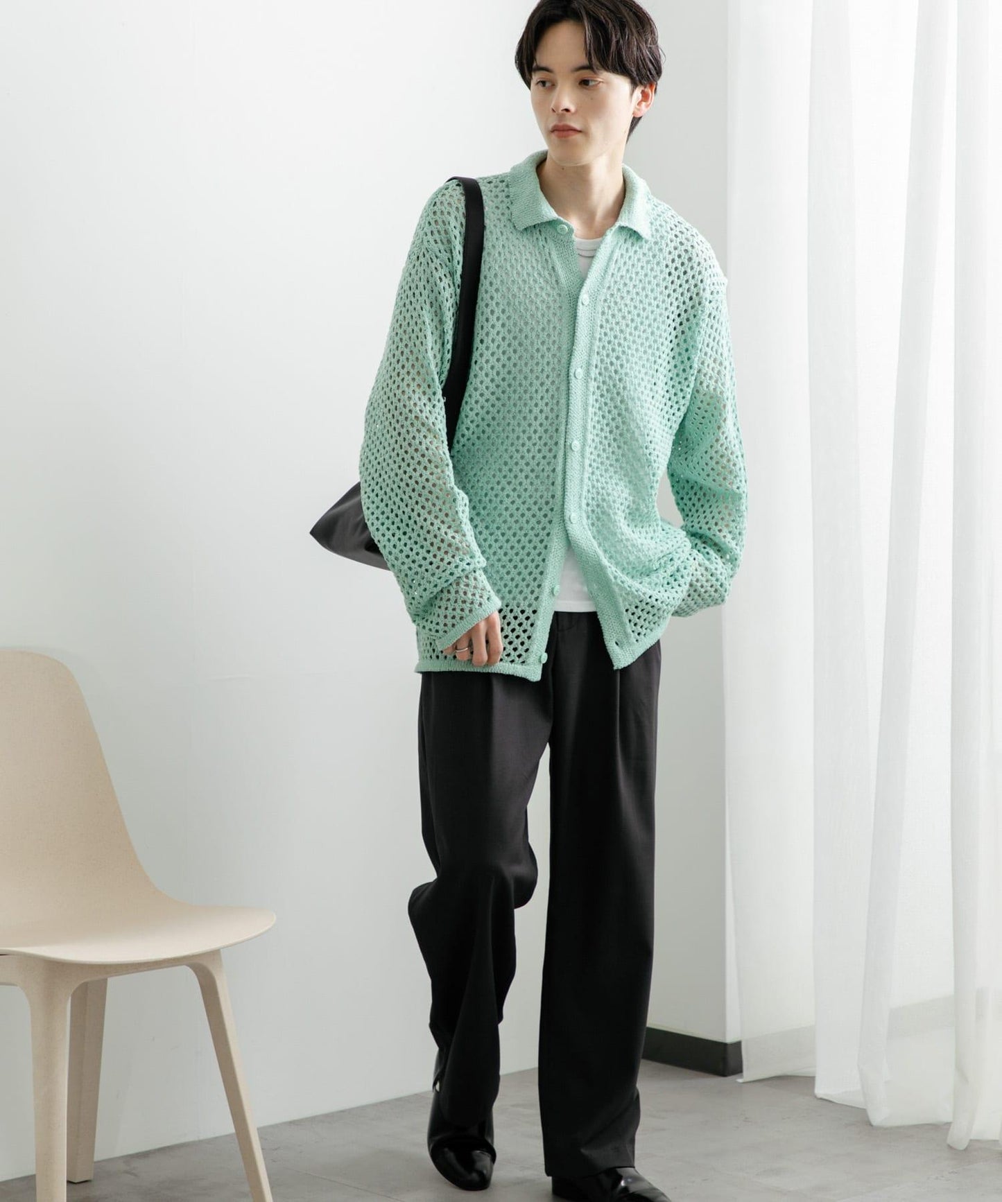 中性款網眼拼接翻領開衫