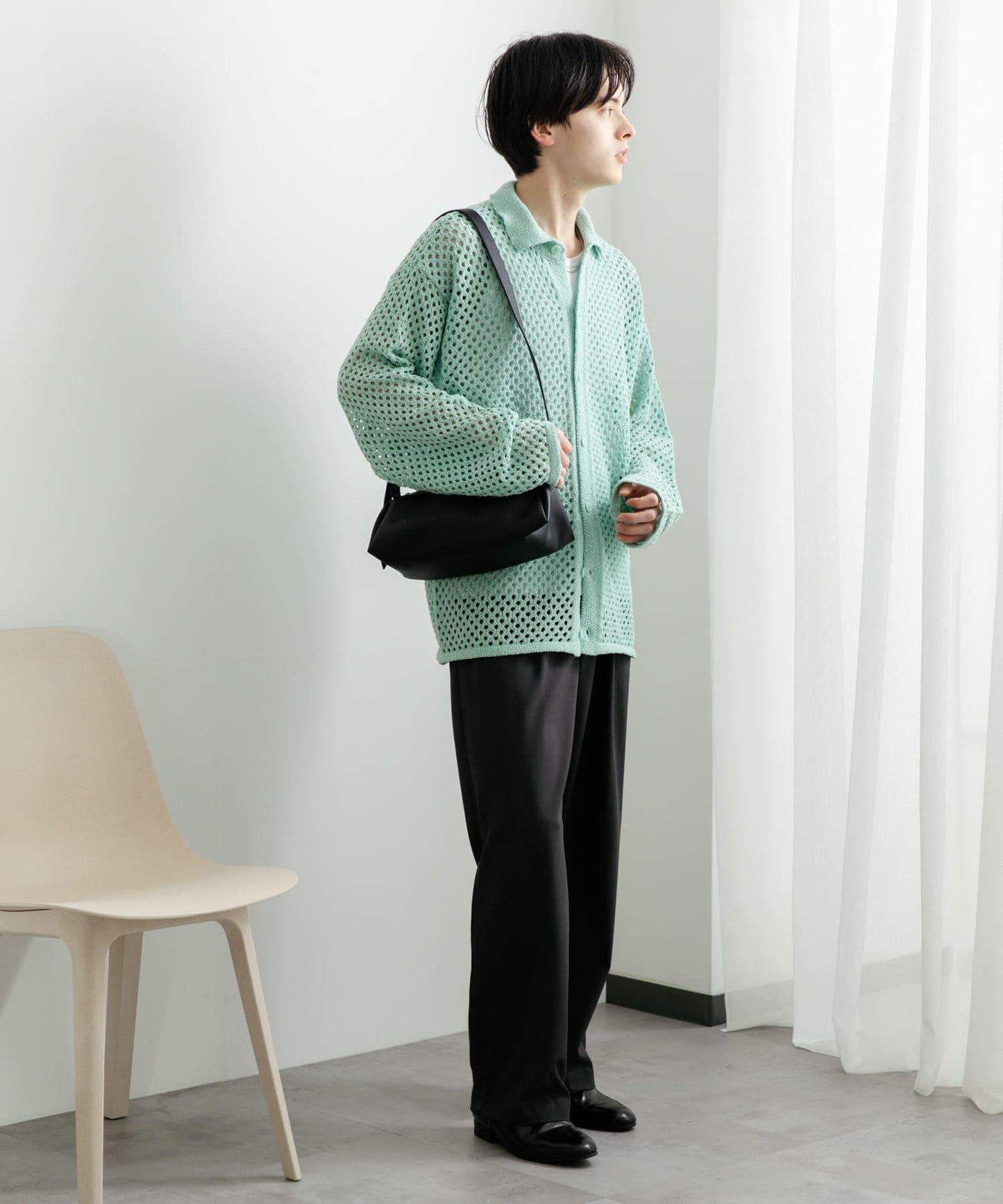 中性款網眼拼接翻領開衫