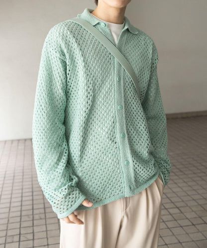 中性款網眼拼接翻領開衫
