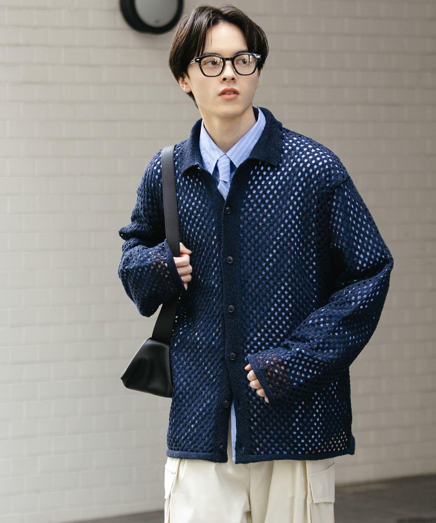 中性款網眼拼接翻領開衫