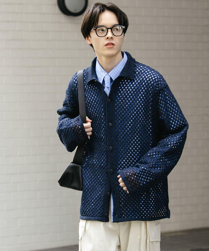 中性款網眼拼接翻領開衫