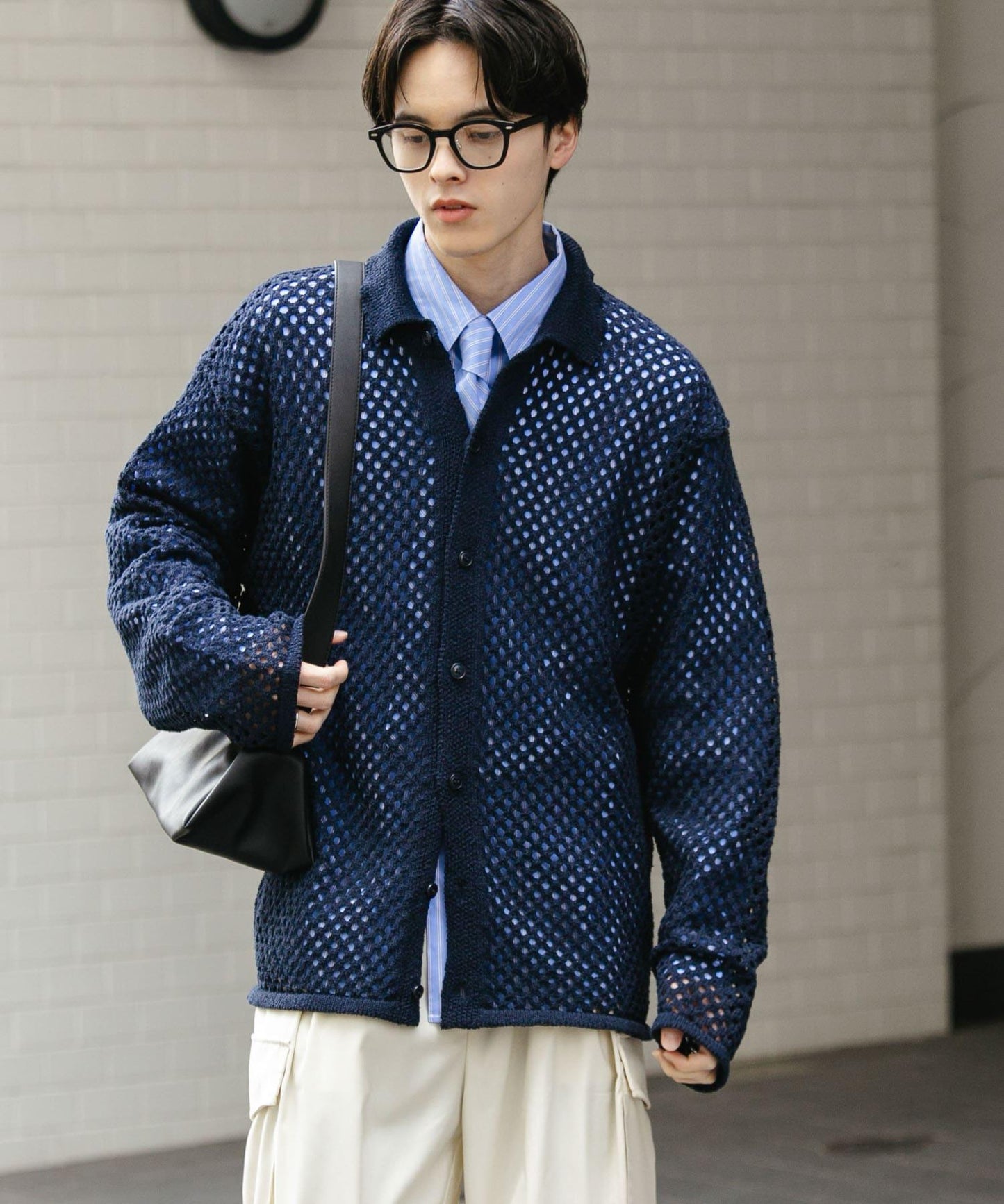 中性款網眼拼接翻領開衫