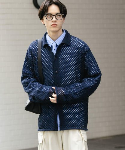 中性款網眼拼接翻領開衫