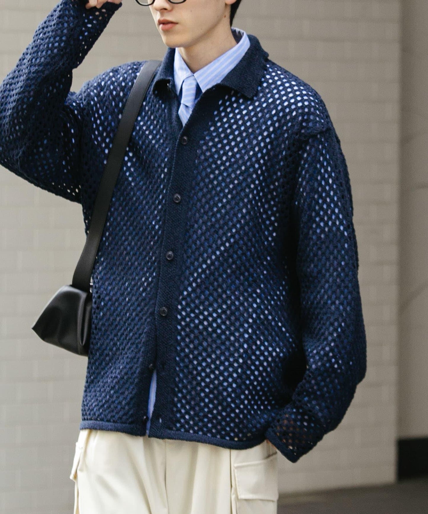 中性款網眼拼接翻領開衫