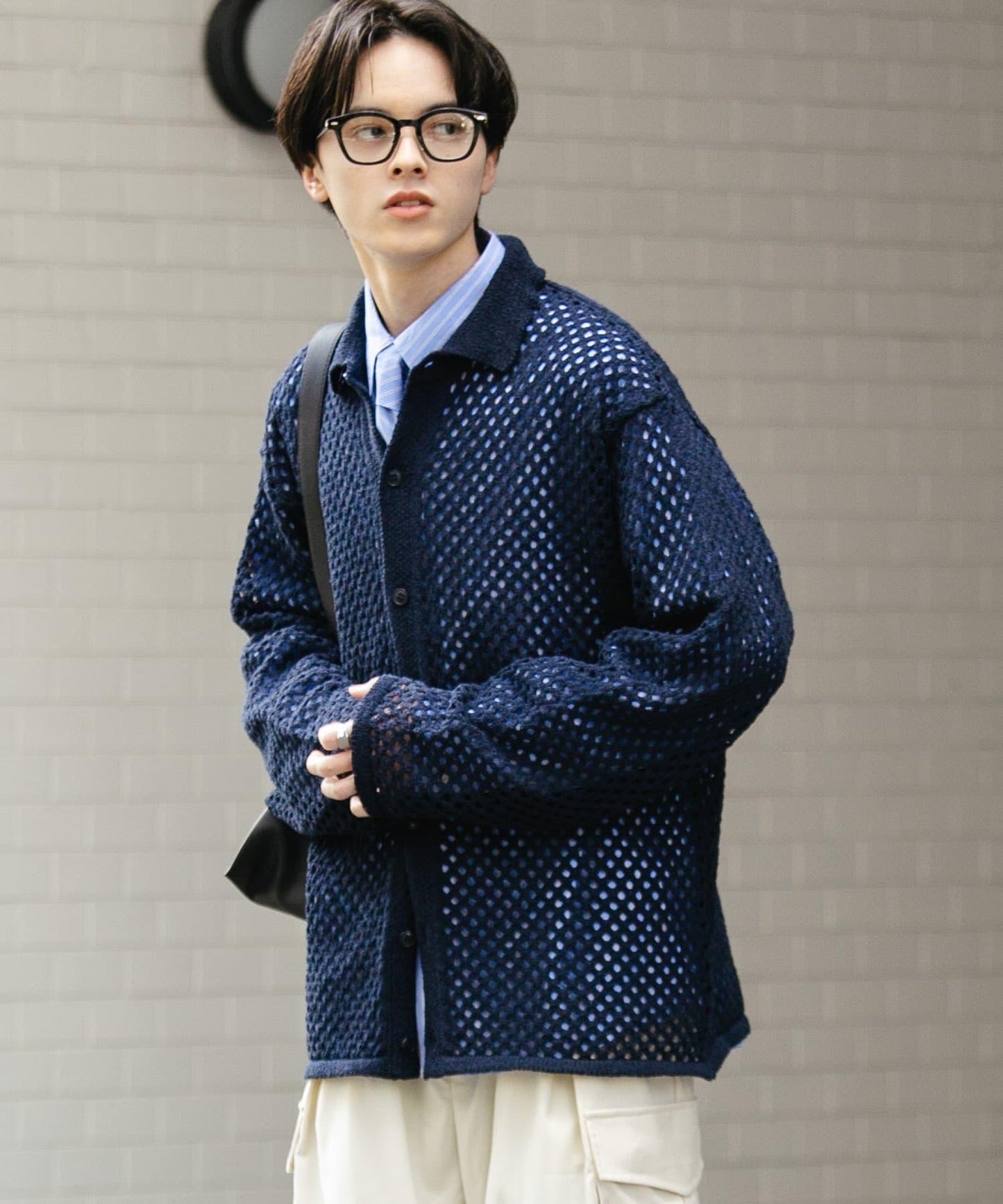 中性款網眼拼接翻領開衫