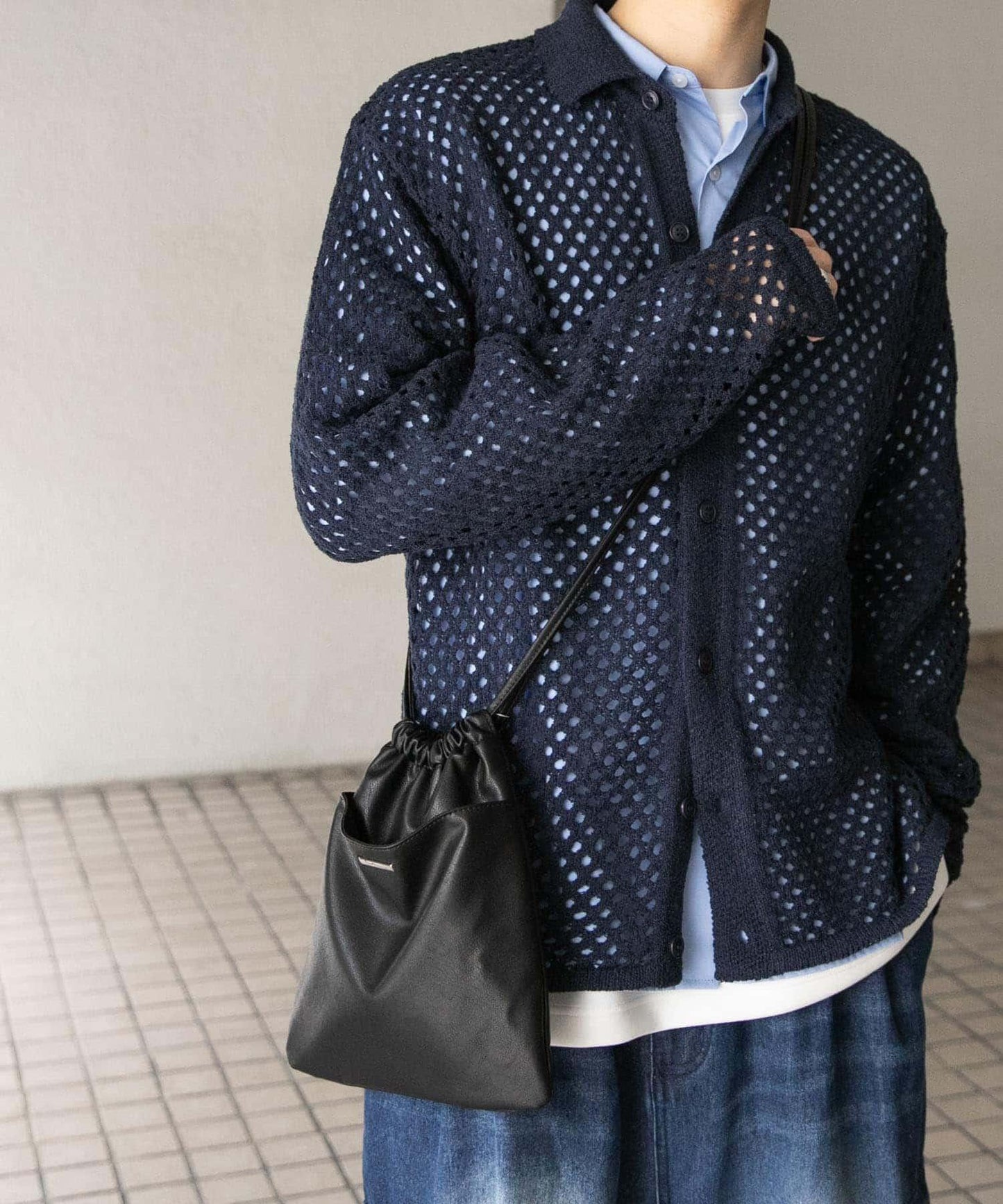 中性款網眼拼接翻領開衫