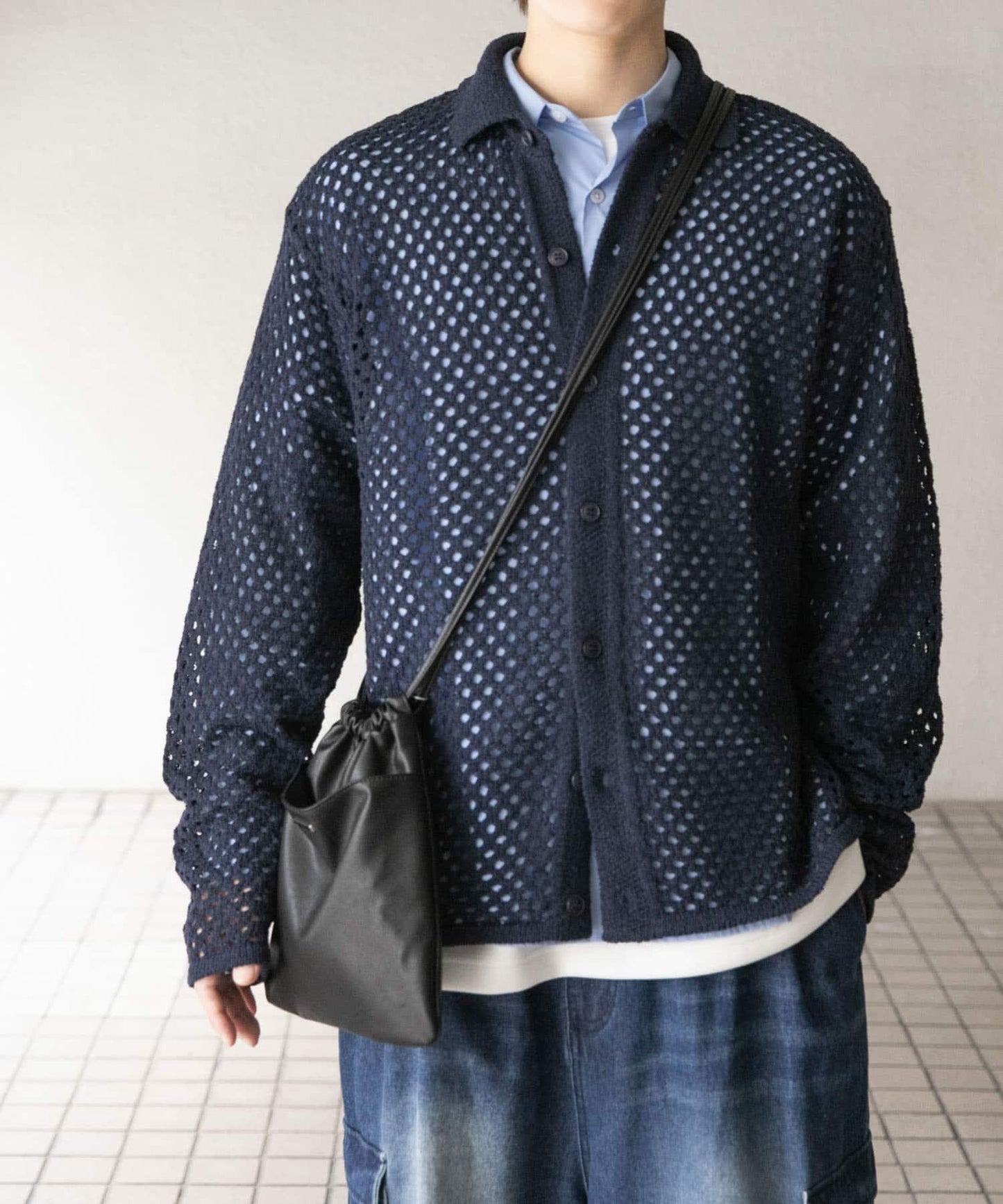 中性款網眼拼接翻領開衫