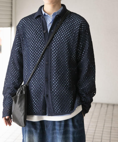 中性款網眼拼接翻領開衫