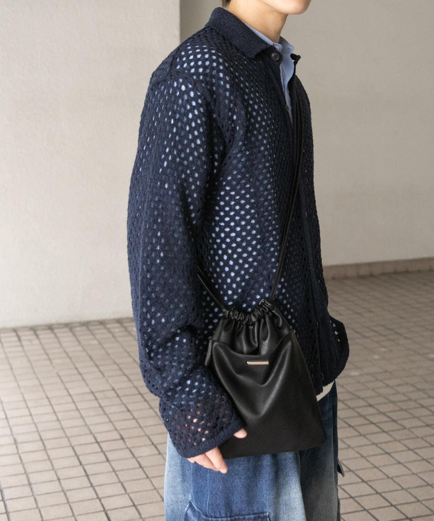 中性款網眼拼接翻領開衫