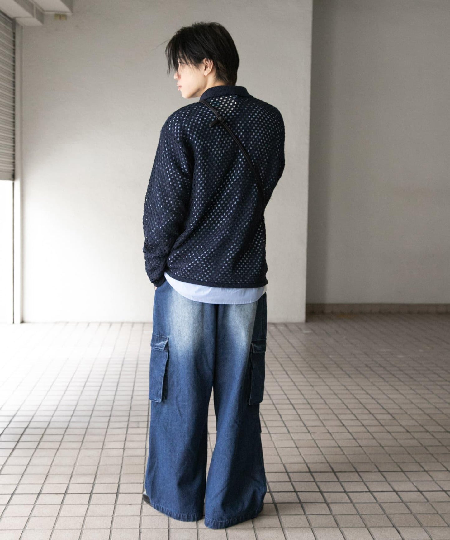 中性款網眼拼接翻領開衫