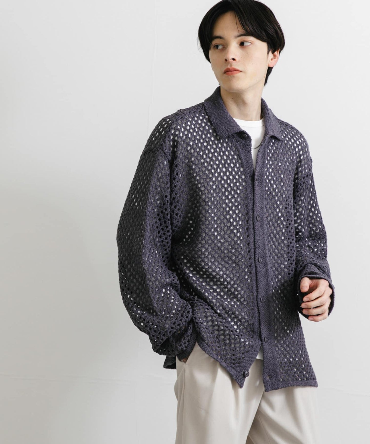 中性款網眼拼接翻領開衫