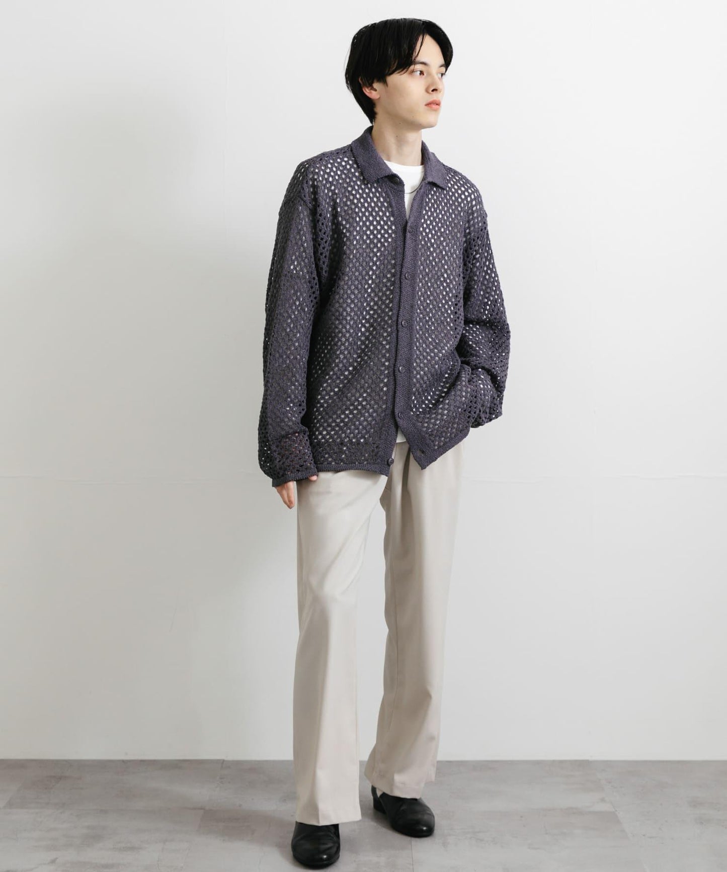 中性款網眼拼接翻領開衫